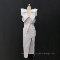 White Deep V Neck High Waist Sexy Slit Bodycon Ruffles Lady Club Dress